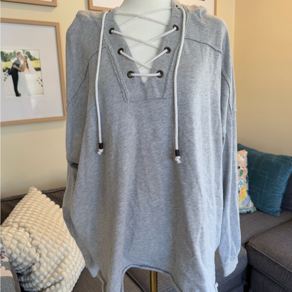Aerie Gray Long Sleeve Oversized Sweatshirt with Tie Front
